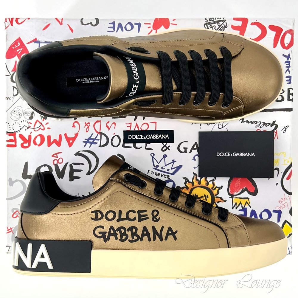 NEW DOLCE & GABBANA Gold-Tone Leather Logo Men's PORTOFINO Sneakers EU 42 / US 9